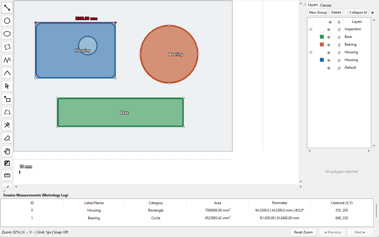 PolyTracing Studio workspace showing measured engineering shapes